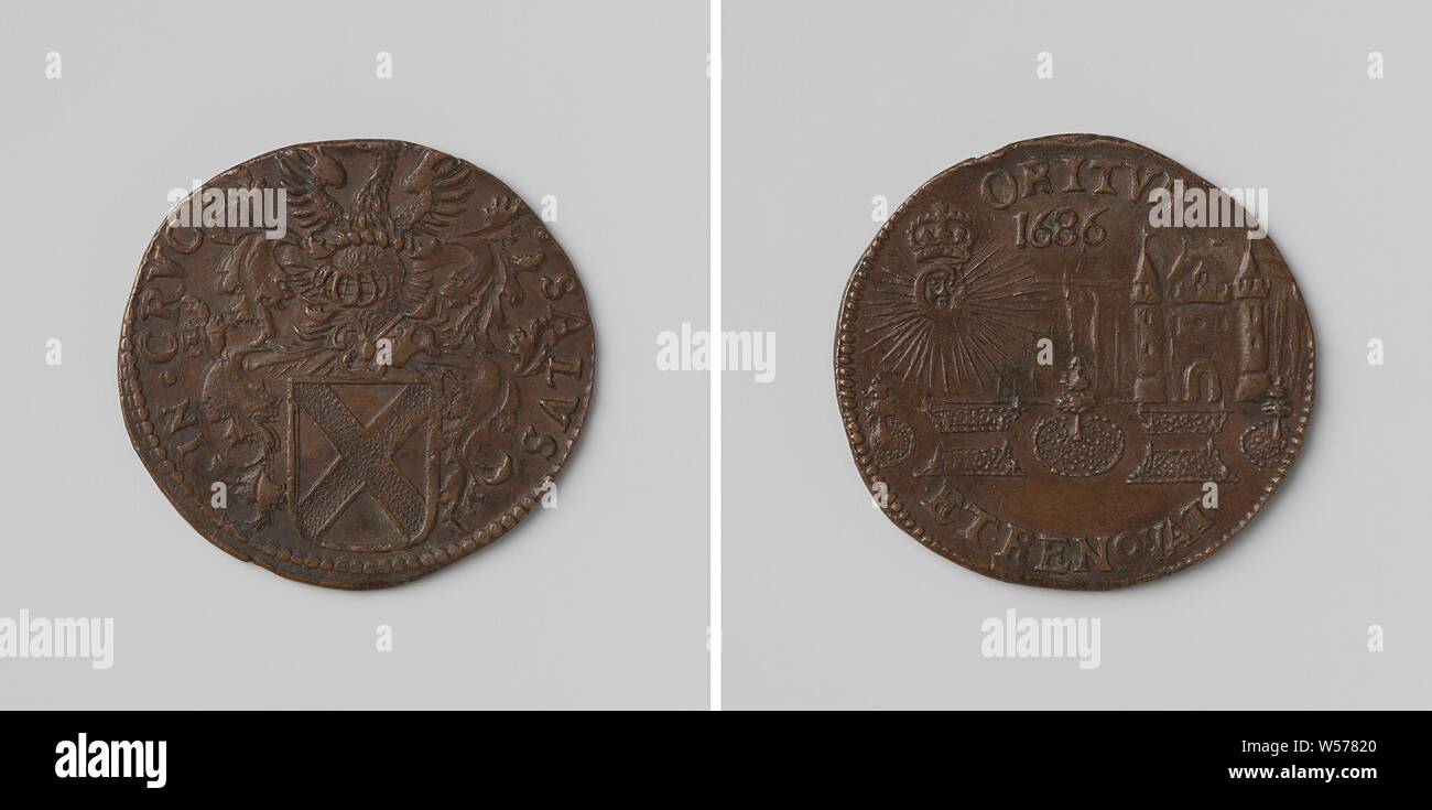 Jean Balthazar De Visscher, Baron Van Ussel, Kupfer-Medaille. Vorderseite: behelmte Wappen in einer Inschrift. Rückwärtsgang: Palast mit Garten unter dem Jahr, gekrönt von Sun, in welcher Buchstabe C ist sichtbar in einer Inschrift, Jean Balthazar De Visscher (Baron von Celles), Charles II (König von Spanien), anonyme, Brüssel, 1686, kupfer (Metall), markanten (Metallverarbeitung), d 3,1 cm × w 6,79 Stockfoto