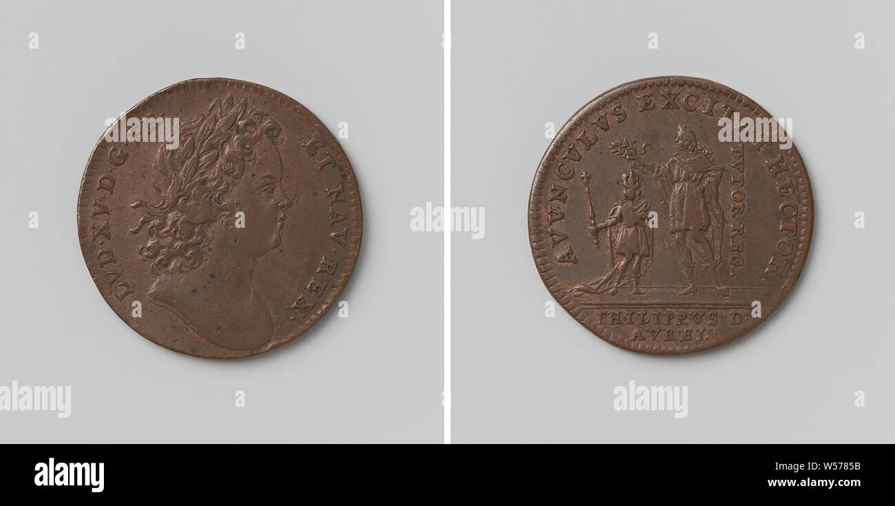 Ludwig XV., König von Frankreich und Philip von Orleans, Regent von Frankreich, Kupfer-Medaille. Vorderseite: des Menschen Bruststück mit Lorbeerkranz innerhalb einer Inschrift. Rückwärtsgang: Philip von Orleans hält Lorbeerkranz über der junge König mit Zepter in der Hand innen Inschrift, abgeschnitten: Inschrift, neben Philip von Orleans: Inschrift, Louis XV (König von Frankreich), Philip II (Herzog von Orléans), Ferdinand de Saint-Urbain, Paris, 1715, kupfer (Metall), markanten (Metallverarbeitung), d 2,5 cm × W56 Stockfoto