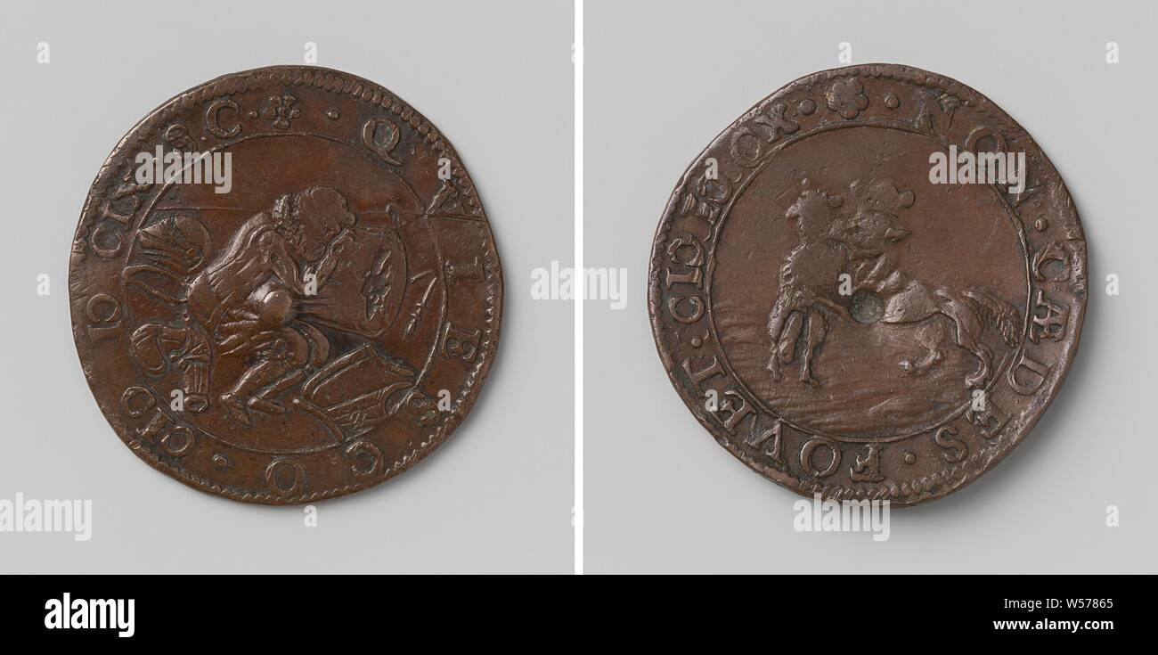 Schließung der Zwölf Jahr Waffenstillstand zwischen der Republik und Spanien und der Ermordung von Heinrich IV., König von Frankreich, Kupfer-Medaille. Vorne: sitzt in der Mitte der Waffe, ein Soldat ruht auf einer zerrissenen Drum in einem Kreis. Rückwärtsgang: Löwe mit Jesuit Kappe auf dem Kopf abgerissen Lamm in einem Wrap, Frankreich, Niederlande, Spanien, Henry IV (König von Frankreich und Navarra), Republik der Sieben Vereinigten Niederlande, anonym, Dordrecht, 1609 - 1610, kupfer (Metall), markanten (Metallverarbeitung), d 2,9 cm × w 5.77 Stockfoto