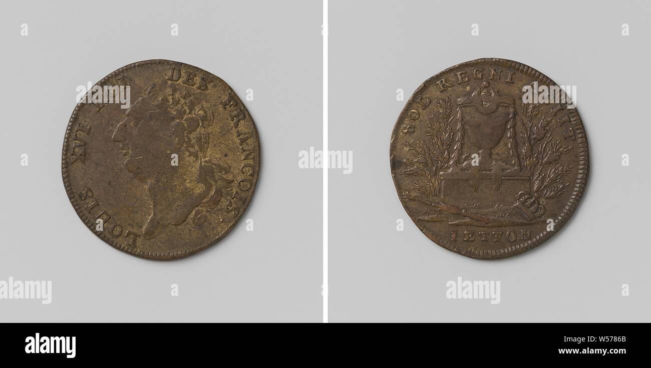 Ausführung von Ludwig XVI., König von Frankreich, Messing Medaille. Front: Die man-Büste im Inneren. Rückwärtsgang: leiche Bush, hängen mit Blumen Binder, stehend auf Höhe inmitten von Büschen, mit Base Elevation: Zepter und Krone in der Inschrift, abgeschnitten: Inschrift, Paris, Louis XVI (König von Frankreich), anonyme, Frankreich, 1793, Messing (Legierung), markanten (Metallverarbeitung), d 2,4 cm × w 3.53 Stockfoto