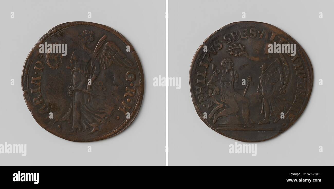 Maria von Ungarn verzichtet auf das Sorgerecht für die Niederlande in Brüssel, zugunsten von Philip, Erbe zu Spanien, Kupfer-Medaille. Vorderseite: Winged Victory mit Lorbeerkranz in der Rechten und Palmzweig in der linken Hand innerhalb einer Inschrift. Rückwärtsgang: stehende Frau, die Sieg, hält Palmzweig in der linken Hand und hält einen Lorbeerkranz über Philip's Kopf, in römischen Uniform gekleidet, auf einem Stuhl sitzend mit dem Befehl Personal in der Hand in der Inschrift, Brüssel, Maria von Ungarn (Statthalter der Niederlande), Philip II (König von Spanien), anonym, 1555, kupfer (Metall), markanten (Metallverarbeitung), d 3 cm Stockfoto