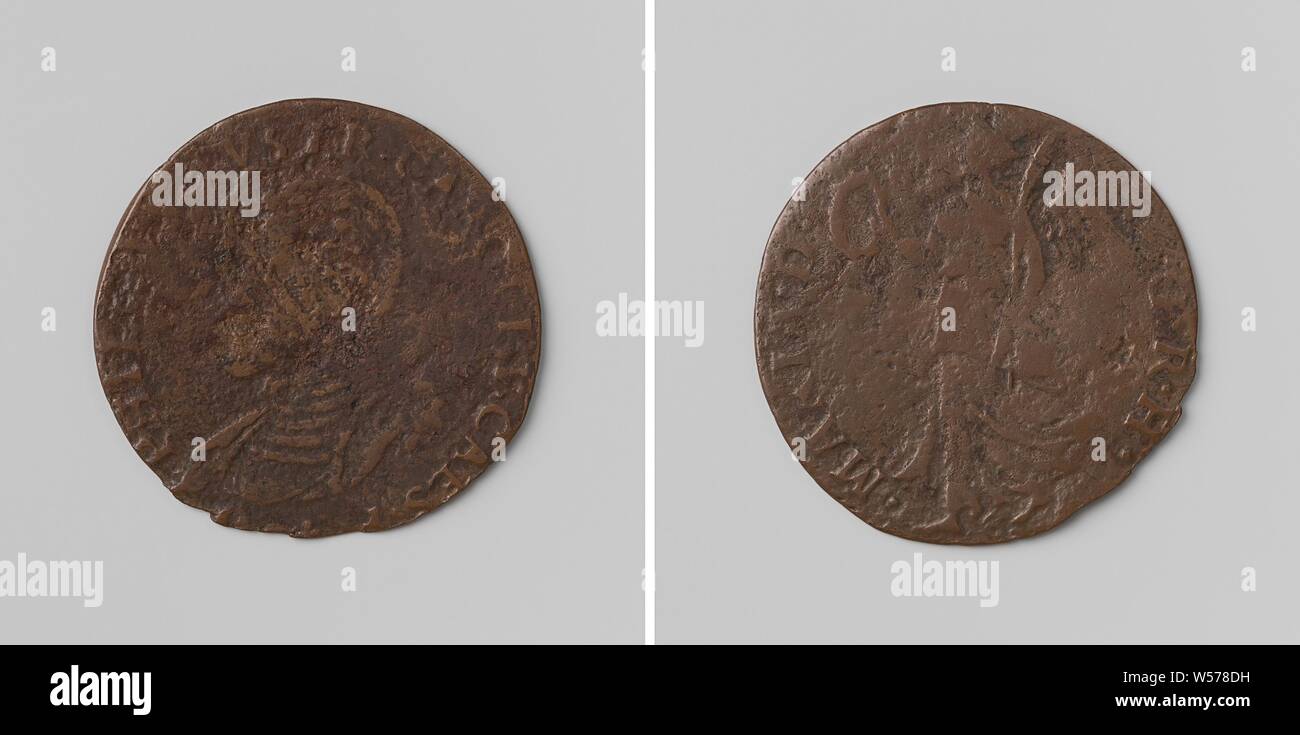 Maria von Ungarn verzichtet auf das Sorgerecht für die Niederlande in Brüssel, zugunsten von Philip, Erbe zu Spanien, Kupfer-Medaille. Front: Die man-Büste im Inneren. Rückwärtsgang: Winged Victory mit Lorbeerkranz in der Rechten und Palmzweig in der linken Hand im Umfang, Brüssel, Maria von Ungarn (Gouverneur der Niederlande), Philip II (König von Spanien), anonym, 1555, kupfer (Metall), markanten (Metallverarbeitung), d 2,7 cm × w 3.16 Stockfoto