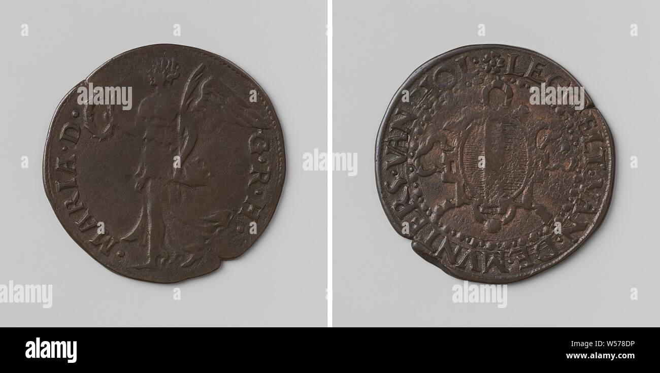 Maria von Ungarn verzichtet auf das Sorgerecht für die Niederlande in Brüssel, zugunsten von Philip, Erbe zu Spanien, das Zählen der Münze, die von Holland in Dordrecht, Kupfer-Medaille. Vorderseite: Winged Victory mit Lorbeerkranz in der Rechten und Palmzweig in der linken Hand innerhalb einer Inschrift. Rückseite: Wappen in Kartusche in einem Kreis, Brüssel, Dordrecht, Niederlande, Maria von Ungarn (Gouverneur der Niederlande), Philip II (König von Spanien), anonym, 1555, kupfer (Metall), markanten (Metallverarbeitung), d 2,9 cm × w 4.76 Stockfoto