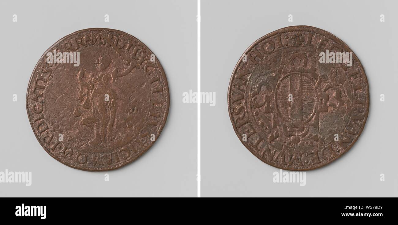 Maria von Ungarn verzichtet auf das Sorgerecht für die Niederlande in Brüssel, zugunsten von Philip, Erbe zu Spanien, das Zählen der Münze, die von Holland in Dordrecht, Kupfer-Medaille. Vorderseite: Gerechtigkeit mit Waage in der Rechten und gezückten Schwert in der linken Hand im Umfang. Rückseite: Wappen in Kartusche in einem Kreis, Brüssel, Dordrecht, Niederlande, Maria von Ungarn (Gouverneur der Niederlande), Philip II (König von Spanien), anonym, 1555, kupfer (Metall), markanten (Metallverarbeitung), d 2,9 cm × w 4.40 Stockfoto