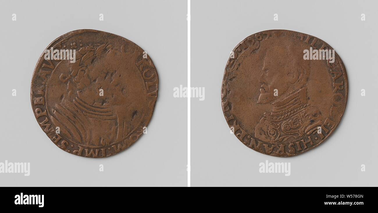 Der Deutsche Kaiser Karl V. und Philipp II., König von Spanien, Kupfer-Medaille. Vorderseite: des Menschen Bruststück mit Lorbeerkranz innerhalb einer Inschrift. Rückwärtsgang: Büste eines Mannes mit einem Kreis, Philip II (König von Spanien), Karl V. von Habsburg (Deutsche Kaiser und König von Spanien), anonym, 1565, kupfer (Metall), markanten (Metallverarbeitung), d 2,7 cm × w 3.73 Stockfoto