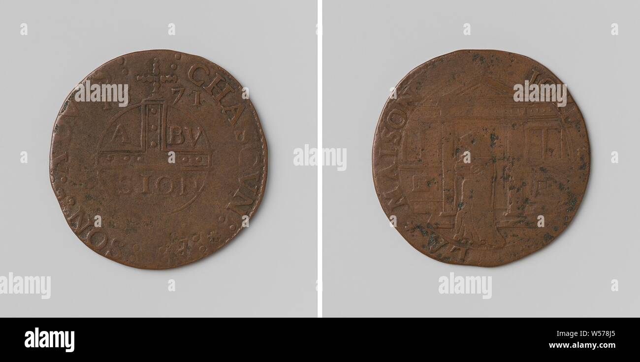 Der Herzog von Alva erhält von Pius V. als Dankeschön eine Heilige hat und ein Schwert, eine Medaille auf die Feierlichkeiten aus diesem Anlass und als Warnung vor drohendem Unheil, Kupfer-Medaille. Vorderseite: Regierung apple mit Inschrift zwischen dem Jahr innerhalb der Inschrift. Umkehren: der Mann, der in den langen Umhang mit Kapuze, stehend mit den Armen vor dem Haus innerhalb Umschreibung durchquert, Pius V, Fernando Álvarez de Toledo (3. Herzog von Alva), anonym, 1569, kupfer (Metall), markanten (Metallverarbeitung), d 2,8 cm × w 4.50 Stockfoto