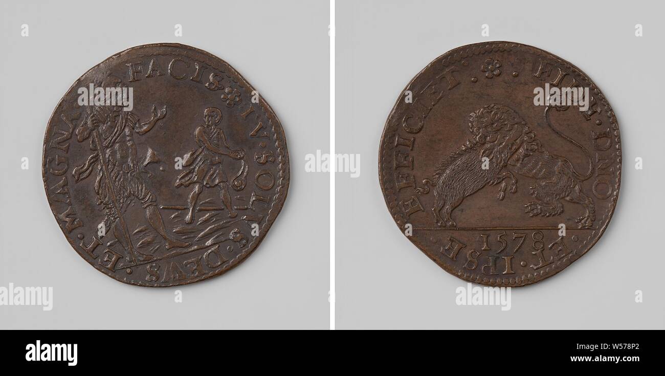 Erfolg im Kampf gegen Spanien, Kupfer-Medaille. Vorderseite: Goliath mit Speer in voller Rüstung und David mit seinem Pendel in einer Inschrift. Rückwärtsgang: Dutch Lion springt auf Spanisch Wildschwein über Jahr im Rahmen eines Wrap, anonym, Dordrecht, 1578, kupfer (Metall), markanten (Metallverarbeitung), d 3 cm × w 7.16 Stockfoto