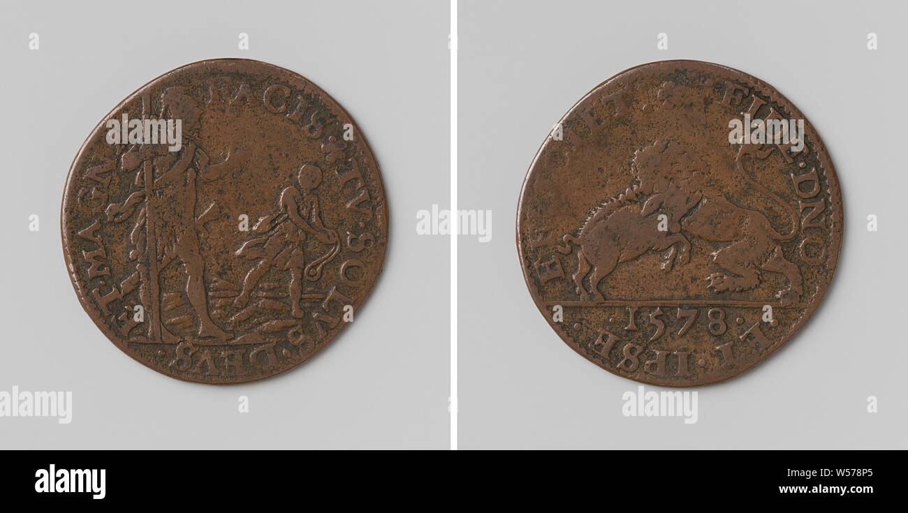 Erfolg im Kampf gegen Spanien, Kupfer-Medaille. Vorderseite: Goliath mit Speer in voller Rüstung und David mit seinem Pendel in einer Inschrift. Rückwärtsgang: Dutch Lion springt auf Spanisch Wildschwein über Jahr im Rahmen eines Wrap, anonym, Dordrecht, 1578, kupfer (Metall), markanten (Metallverarbeitung), d 2,9 cm × W56 Stockfoto
