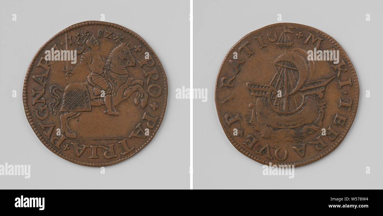 Bereitschaft der Staaten von Utrecht, den Kampf gegen die Spanier, Kupfer-Medaille, um fortzufahren. Vorderseite: gepanzerte Reiter auf einem Pferd mit Schwert in der Hand in der Inschrift. Rückwärtsgang: Schiff auf See innerhalb eines kreisförmigen, Utrecht, Staten van Utrecht, anonym, 1582, kupfer (Metall), markanten (Metallverarbeitung), d 3,1 cm × w 6.27 Stockfoto