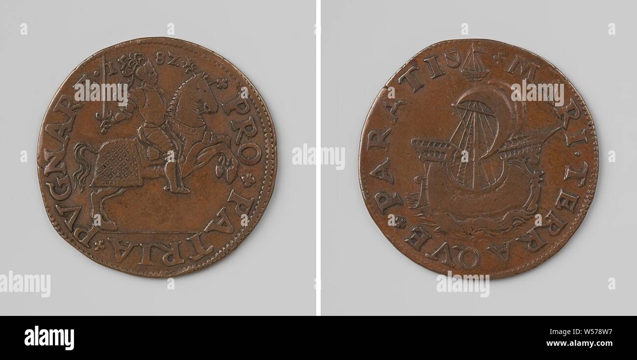 Bereitschaft der Staaten von Utrecht, den Kampf gegen die Spanier, Kupfer-Medaille, um fortzufahren. Vorderseite: gepanzerte Reiter auf einem Pferd mit Schwert in der Hand in der Inschrift. Rückwärtsgang: Schiff auf See innerhalb eines kreisförmigen, Utrecht, Staten van Utrecht, anonym, 1582, kupfer (Metall), markanten (Metallverarbeitung), d 3,1 cm × w 6.14 Stockfoto