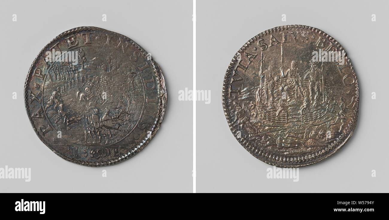 Warnung gegen die Friedensvorschläge von Rudolf II., Deutscher Kaiser, Silbermedaille. Vorne: Holländische Jungfrau mit Wappen, in einem eingezäunten Garten, in dem zwei Männer mit Frieden Niederlassungen gehen, im Hintergrund die Spanische Armee nähert sich innerhalb eines Kreises, Schnitt: Jahr. Rückwärtsgang: Holländische Jungfrau im umzäunten Hof, durch Erschießen Soldaten verteidigte, Soldaten im Vordergrund innerhalb eines Kreises getötet, Rudolf II. von Habsburg (Deutscher Kaiser), anonyme, Dordrecht, 1591, silber (Metall), markanten (Metallverarbeitung), d 3 cm × w 7.85. Stockfoto