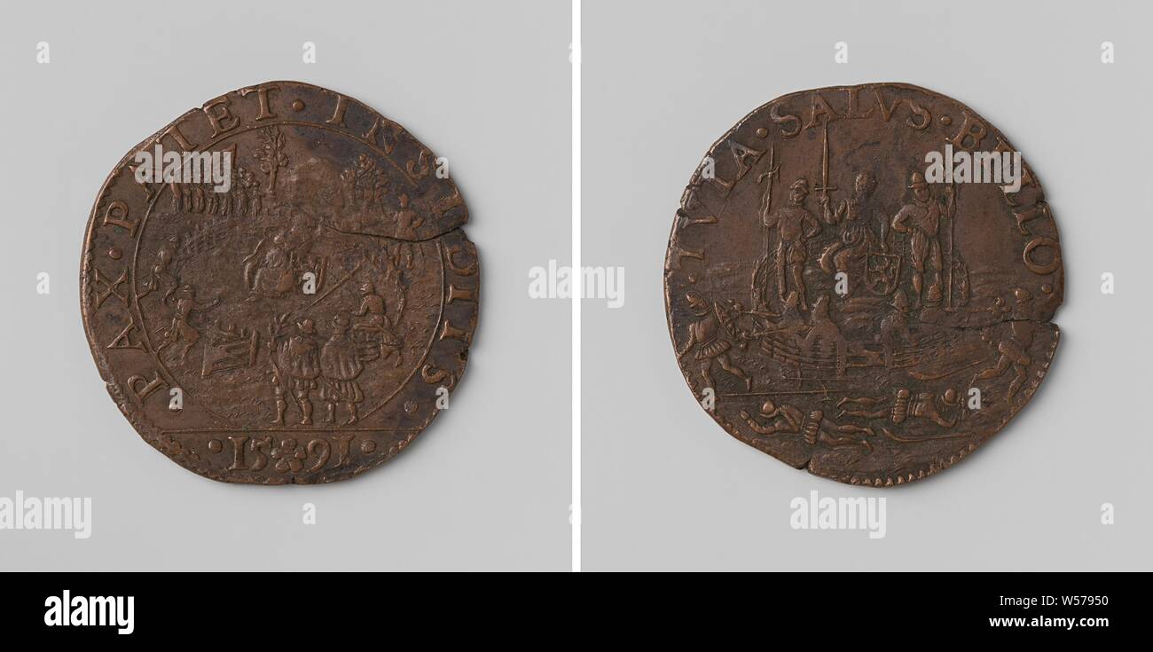 Warnung gegen die Friedensvorschläge von Rudolf II., Deutscher Kaiser, Kupfer-Medaille. Vorne: Holländische Jungfrau mit Wappen, in einem eingezäunten Garten, in dem zwei Männer mit Frieden Niederlassungen gehen, im Hintergrund die Spanische Armee nähert sich innerhalb eines Kreises, Schnitt: Jahr. Rückwärtsgang: Holländische Jungfrau im umzäunten Hof, durch Erschießen Soldaten verteidigte, Soldaten im Vordergrund innerhalb eines Kreises getötet, Rudolf II. von Habsburg (Deutscher Kaiser), anonyme, Dordrecht, 1591, kupfer (Metall), markanten (Metallverarbeitung), d 2,8 cm × W63 Stockfoto