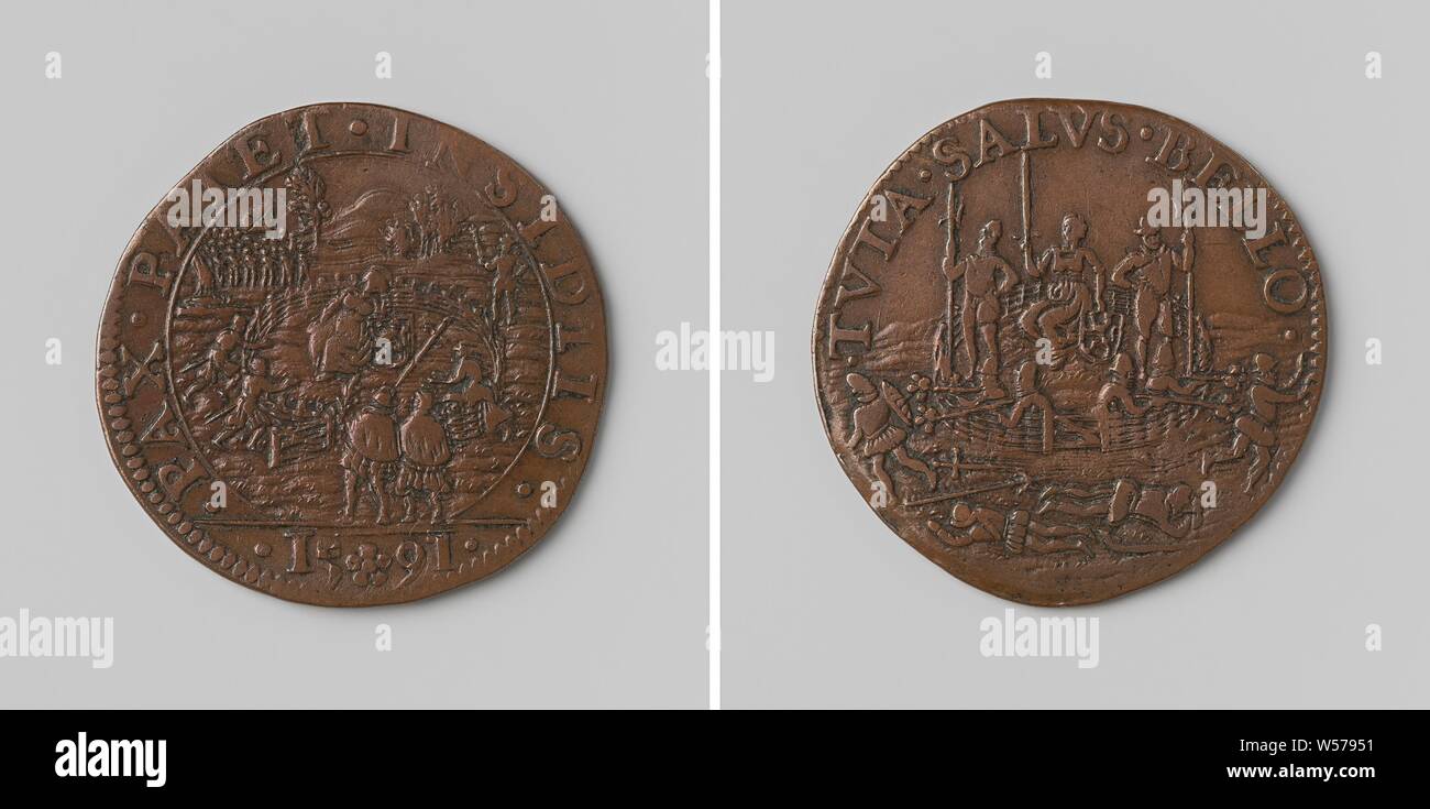 Warnung gegen die Friedensvorschläge von Rudolf II., Deutscher Kaiser, Kupfer-Medaille. Vorne: Holländische Jungfrau mit Wappen, in einem eingezäunten Garten, in dem zwei Männer mit Frieden Niederlassungen gehen, im Hintergrund die Spanische Armee nähert sich innerhalb eines Kreises, Schnitt: Jahr. Rückwärtsgang: Holländische Jungfrau im umzäunten Hof, durch Erschießen Soldaten verteidigte, Soldaten im Vordergrund innerhalb eines Kreises getötet, Rudolf II. von Habsburg (Deutscher Kaiser), anonyme, Dordrecht, 1591, kupfer (Metall), markanten (Metallverarbeitung), d 2,9 cm × w 5.73 Stockfoto