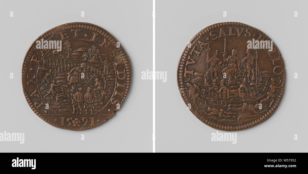 Warnung gegen die Friedensvorschläge von Rudolf II., Deutscher Kaiser, Kupfer-Medaille. Vorne: Holländische Jungfrau mit Wappen, in einem eingezäunten Garten, in dem zwei Männer mit Frieden Niederlassungen gehen, im Hintergrund die Spanische Armee nähert sich innerhalb eines Kreises, Schnitt: Jahr. Rückwärtsgang: Holländische Jungfrau im umzäunten Hof, durch Erschießen Soldaten verteidigte, Soldaten im Vordergrund innerhalb eines Kreises getötet, Rudolf II. von Habsburg (Deutscher Kaiser), anonyme, Dordrecht, 1591, kupfer (Metall), markanten (Metallverarbeitung), d 3 cm × w 5.20 Stockfoto
