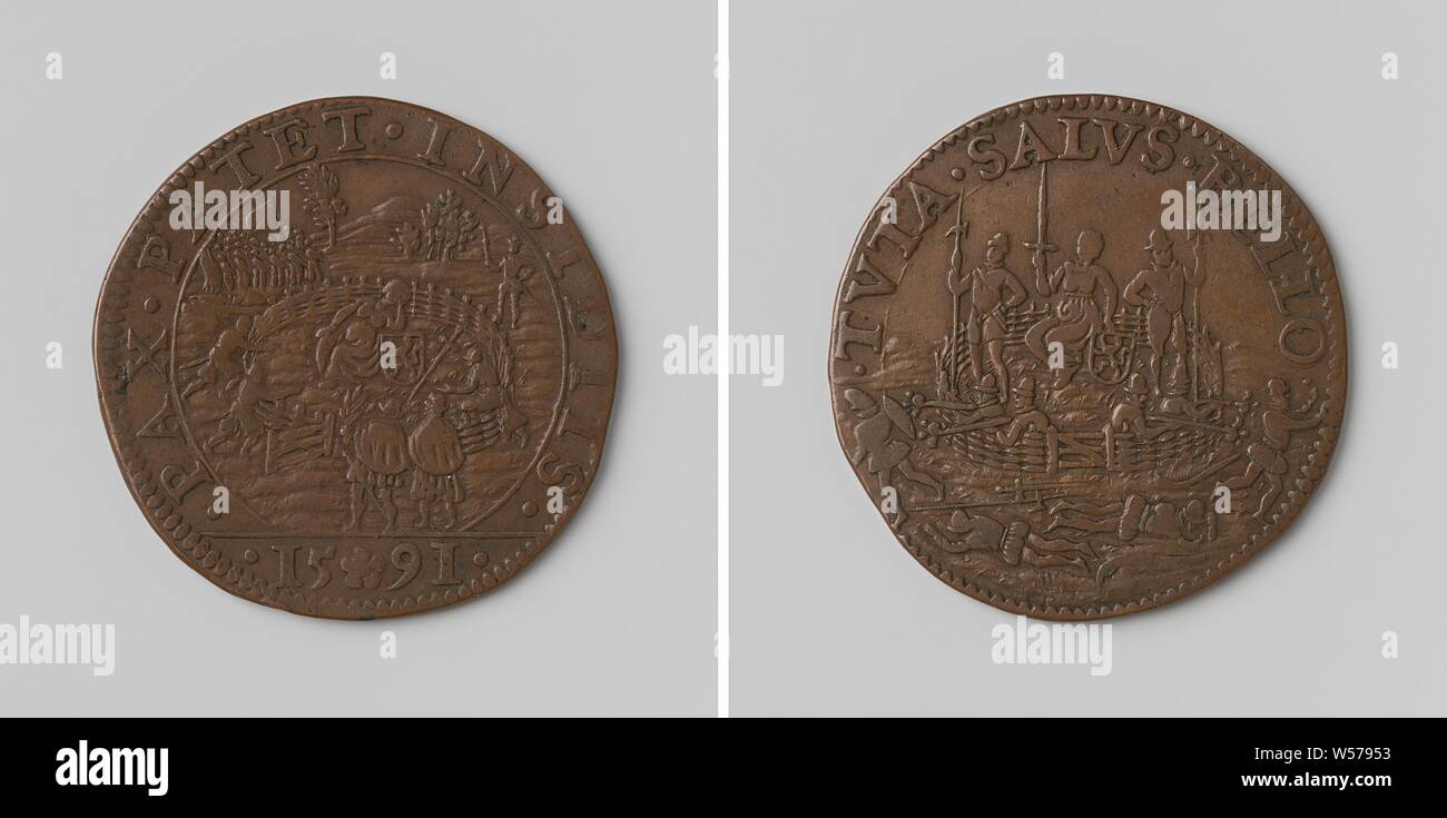 Warnung gegen die Friedensvorschläge von Rudolf II., Deutscher Kaiser, Kupfer-Medaille. Vorne: Holländische Jungfrau mit Wappen, in einem eingezäunten Garten, in dem zwei Männer mit Frieden Niederlassungen gehen, im Hintergrund die Spanische Armee nähert sich innerhalb eines Kreises, Schnitt: Jahr. Rückwärtsgang: Holländische Jungfrau im umzäunten Hof, durch Erschießen Soldaten verteidigte, Soldaten im Vordergrund innerhalb eines Kreises getötet, Rudolf II. von Habsburg (Deutscher Kaiser), anonyme, Dordrecht, 1591, kupfer (Metall), markanten (Metallverarbeitung), d 2,9 cm × w 5.95 Stockfoto