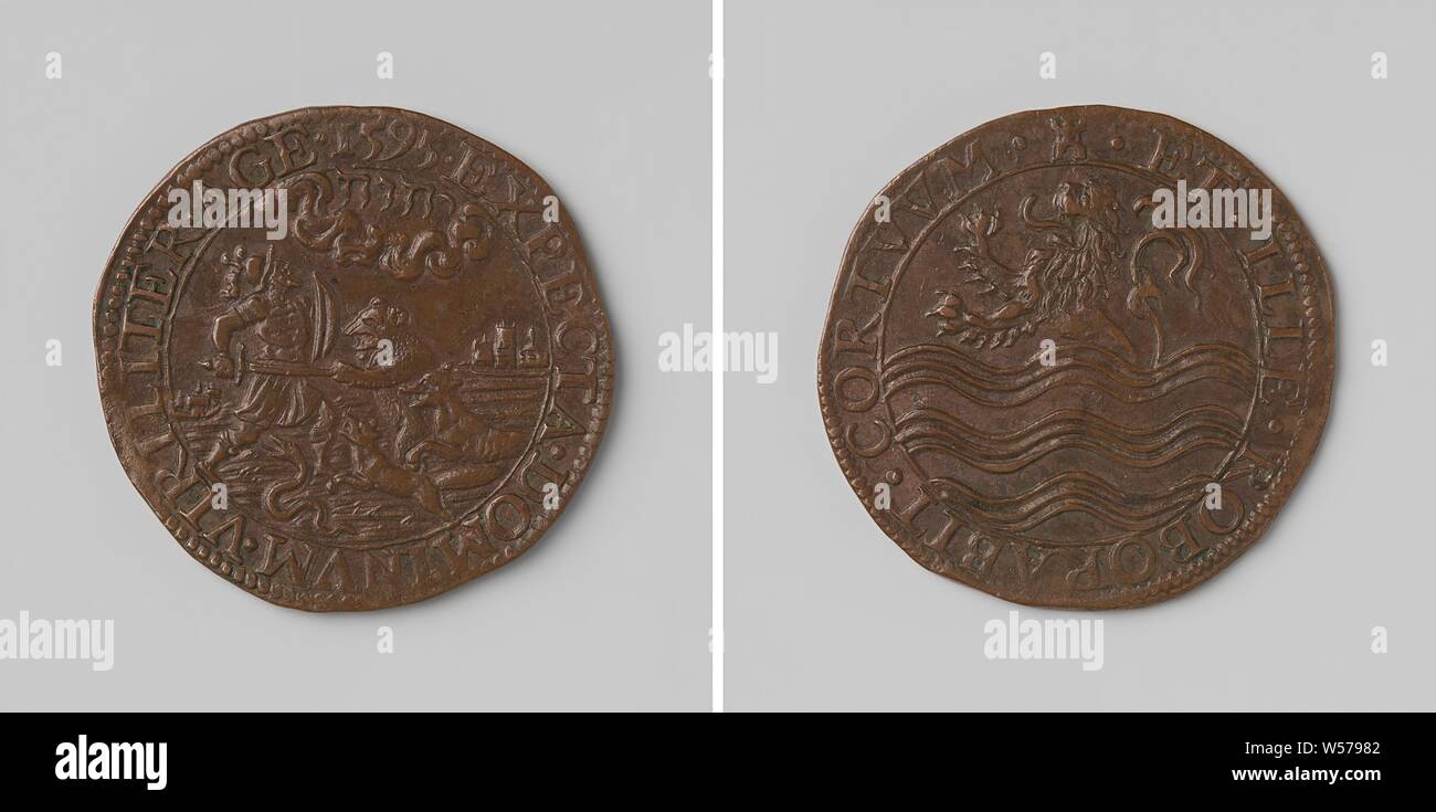 Mord in Doullens, Kupfer-Medaille. Vorderseite: Henry IV, mit Schild und Schwert, wird von Bär, Wolf, Fuchs und Schlange in einer Inschrift angegriffen. Rückseite: Wappen in einem Kreis, Zeeland, Spanien, Frankreich, Doullens, Henry IV (König von Frankreich und Navarra), Zeeland, anonyme, Middelburg, 1595, kupfer (Metall), markanten (Metallverarbeitung), d 3 cm × w 5.99 Stockfoto