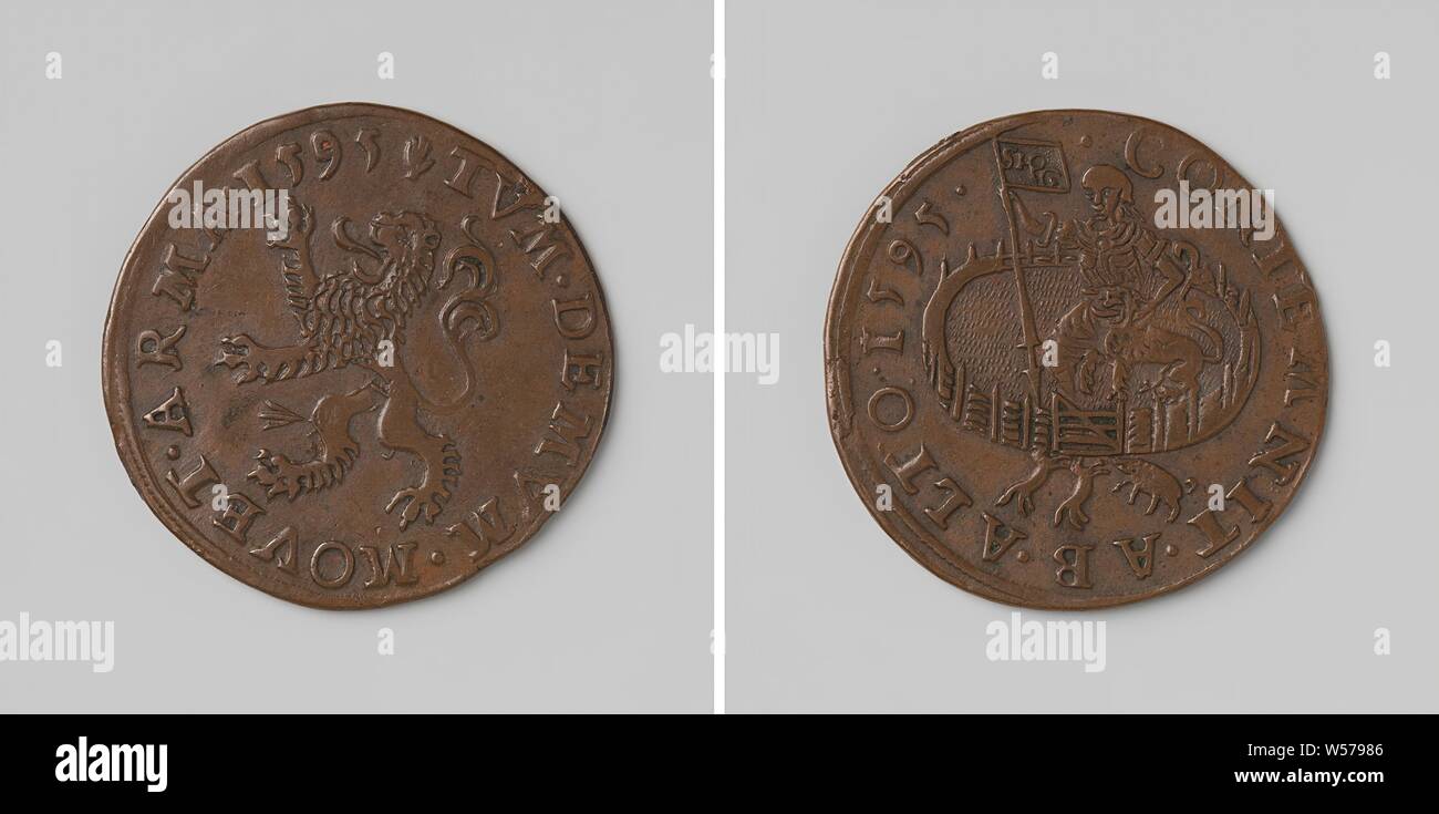 Spanien den Krieg erklärt Heinrich IV., König von Frankreich, Kupfer-Medaille. Vorderseite: Lion durch Pfeil in seinem Knie angeschlagen breitet seine Krallen in einem Kreis. Rückwärtsgang: Holländische Jungfrau mit Banner und Löwen im umzäunten Hof sitzt, von Schweinen und anderen Tieren im Umfang angegriffen, Frankreich, Spanien, Henry IV (König von Frankreich und Navarra), anonyme, Antwerpen, 1595, kupfer (Metall), markanten (Metallverarbeitung), d 2,9 cm × w 4.86 Stockfoto