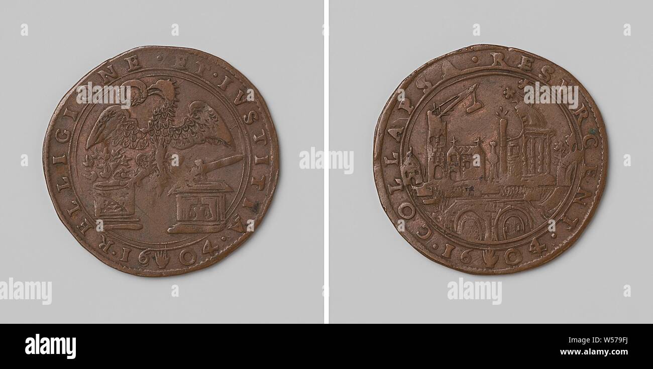 Die spanischen Niederlande sind die Fortsetzung der Schlacht mit neue Impulse, Kupfer-Medaille. Vorderseite: Adler mit aufopfernder Gap im Schnabel hält mit der linken Kralle Schwert über dem Altar, der Boden ist mit Schuppen eingerichtet und liegt mit der rechten Maustaste Kralle an brennenden Altar, deren Basis mit zwei gekreuzten Palmen dekoriert ist innerhalb einer Inschrift. Rückwärtsgang: Reparatur von zerstörten Gebäuden innerhalb von Omschrift, Südlichen Niederlande, anonym, Antwerpen, 1604, kupfer (Metall), markanten (Metallverarbeitung), d 2,9 cm × w 4.90 Stockfoto