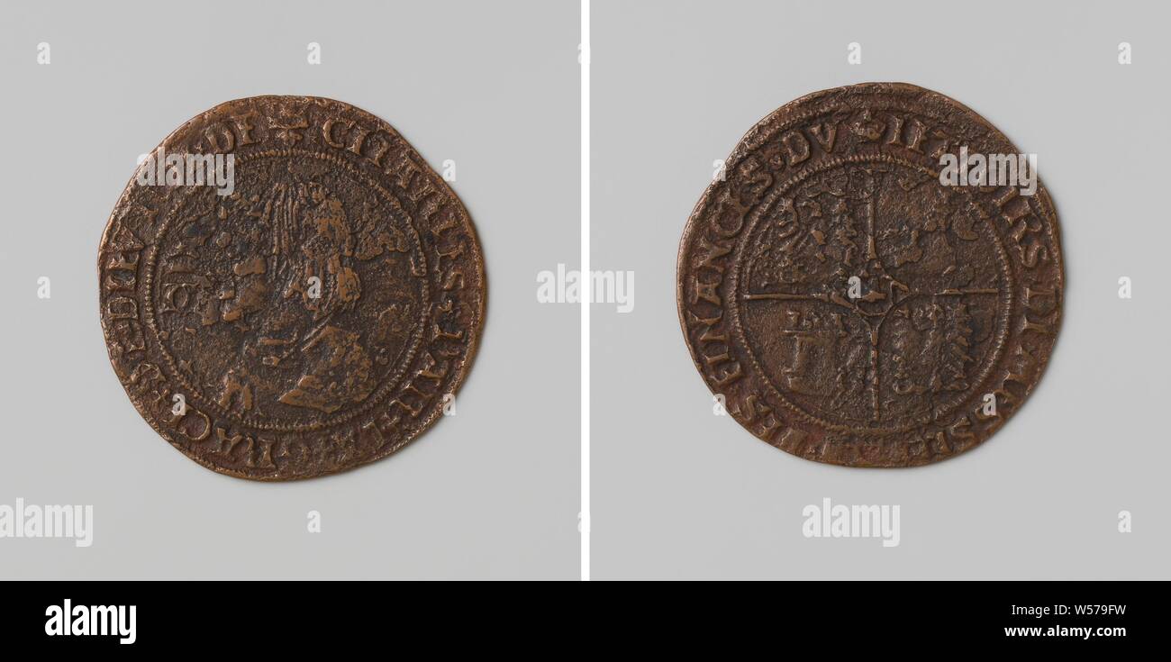 Karl I., König von Spanien, gewählte deutsche Kaiser, Berechnung der Medaille der Rat der Finanz-, Kupfer- Medaille. Vorne: Büste Mann, zusätzlich gekrönte Monogramm bestehend aus zwei ineinander verwobenen Buchstaben C in einer Inschrift. Rückwärtsgang: unterteilt in vier, in den Ebenen: Waffen innerhalb eines Kreises, Karl V. von Habsburg (Deutsche Kaiser und König von Spanien), Rat der Finanzminister, anonym, 1520, kupfer (Metall), markanten (Metallverarbeitung), d 2,8 cm × w 2,65 Stockfoto