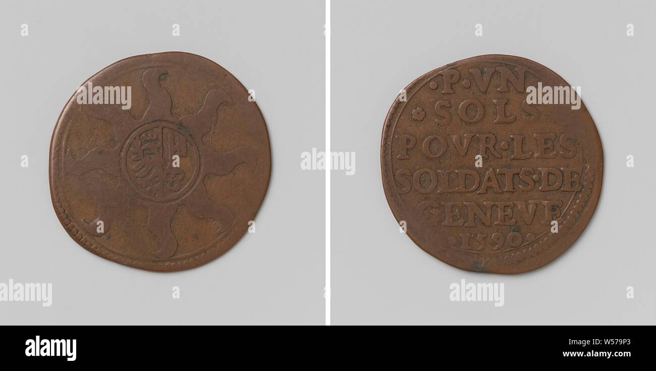 Krieg zwischen Genf und Savoie, Not-Münze mit einer sol, geschlagen für die Soldaten von Genf, Vorderseite: Wappen im Stern mit acht wellig Punkte. Rückwärtsgang: Inschrift, Genf, anonym, Genève, 1590, kupfer (Metall), markanten (Metallverarbeitung), d 2,1 cm × w 1.87 Stockfoto