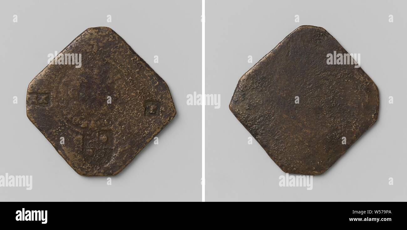 Belagerung von Kamerijk, not Münze von 20 Pfennige, die von den Verteidigern der Stadt, einseitig geschlagen, rautenförmige Not Münze mit abgeschrägten Ecken. Vorne: vier Briefmarken: in der Mitte einen großen, runden Stempel: Wappen zwischen den Ziffern 9 und 5 innerhalb einer Inschrift, links und rechts: Briefmarken mit Anzeige, unten: Wappen der Gouverneur der Stadt. Rückwärtsgang: Leer, Cambrai, Henry IV (König von Frankreich und Navarra), M. de Balagny, anonym, 1589-1595, kupfer (Metall), markanten (Metallverarbeitung), h 3,4 cm × 3,4 cm × w w 9.37 Stockfoto