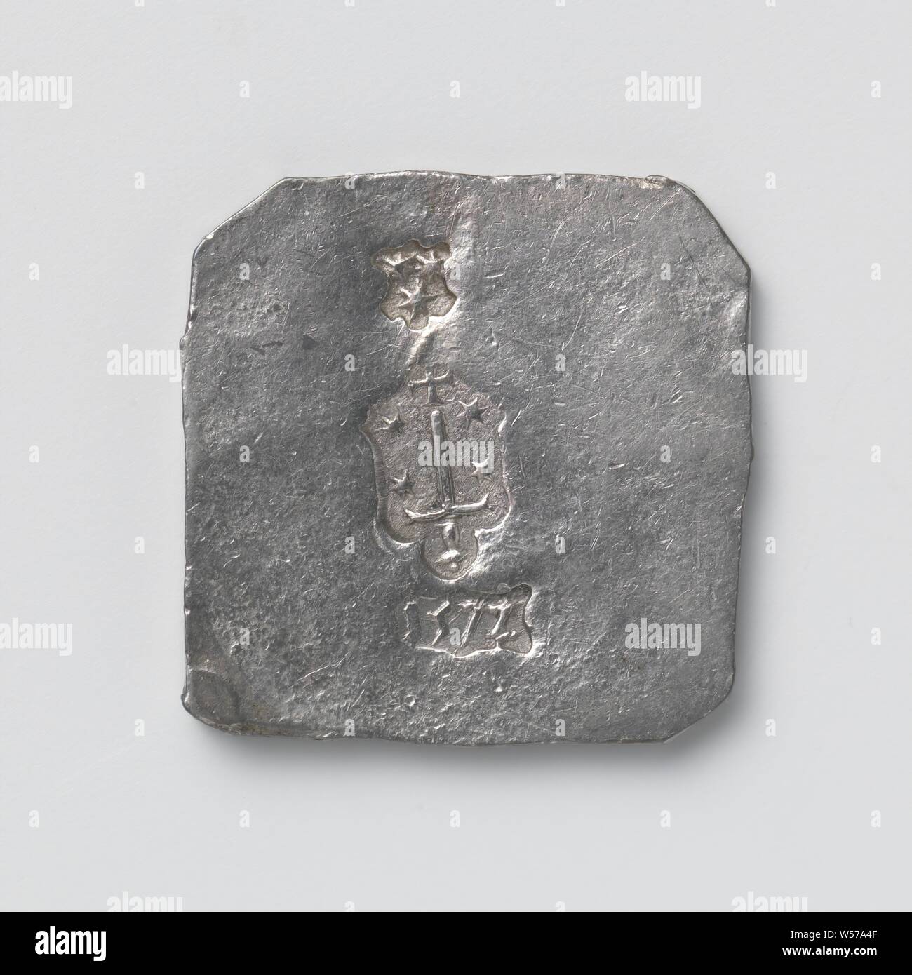 Zwölf not Münzen aus niederländischen Städten Not Münze aus halb-dender von Beleg van Haarlem, einseitig, rechteckigen Not Münze mit abgeschrägten Ecken. Pieter Fransz van Hasevelt, Haarlem, 21-Dez-1572, silber (Metall), markanten (Metallverarbeitung), h 2,9 cm × 2,8 cm × w w 14.67 Stockfoto