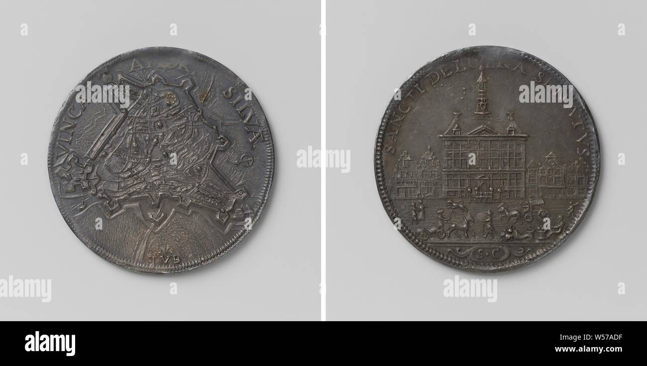 Werkzeug Token von der Stadt 's-Hertogenbosch, silberne Medaille. Vorderseite: Karte der Stadt 's-Hertogenbosch in einem Kreis. Rückwärtsgang: Rathaus unter anderem Häuser, im Vordergrund: Frucht Frau, Sitzen durch einen Stall neben dem Füllhorn, mit zwei Pferden, Bierwagen, Mann und Frau, Hund und Mensch mit Gewehr über die Schulter innerhalb von Umfang, Schnitt: Monogramm des Buchstaben S und C in Kartusche, 's-Hertogenbosch, Theodorus Casparus Van Berckel, s Hertogenbosch, 1726, silber (Metall), markanten (Metallverarbeitung), d 2,8 cm × w 6.28 Stockfoto