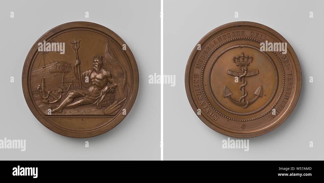 Royal Dutch Segeln und Rudern Club in Amsterdam, Bronze. Vorderseite: Neptun mit Dreizack in der linken Hand gekrönt, lehnt sich mit dem rechten Arm auf gekrönte Wappen, im Hintergrund: Schiff in der Pipeline, hinter ihm Flagge und Ruder. Rückwärtsgang: gekrönt, Seil - Anker innerhalb von Kabel und Perlen, Edge und Umfang, Amsterdam gewickelt, Royal Dutch Segeln und Rudern Verband, David van der Kellen (1804-1879), Utrecht, 1847, bronze (Metall), markanten (Metallverarbeitung), d 6,9 cm × w 190.98 Stockfoto