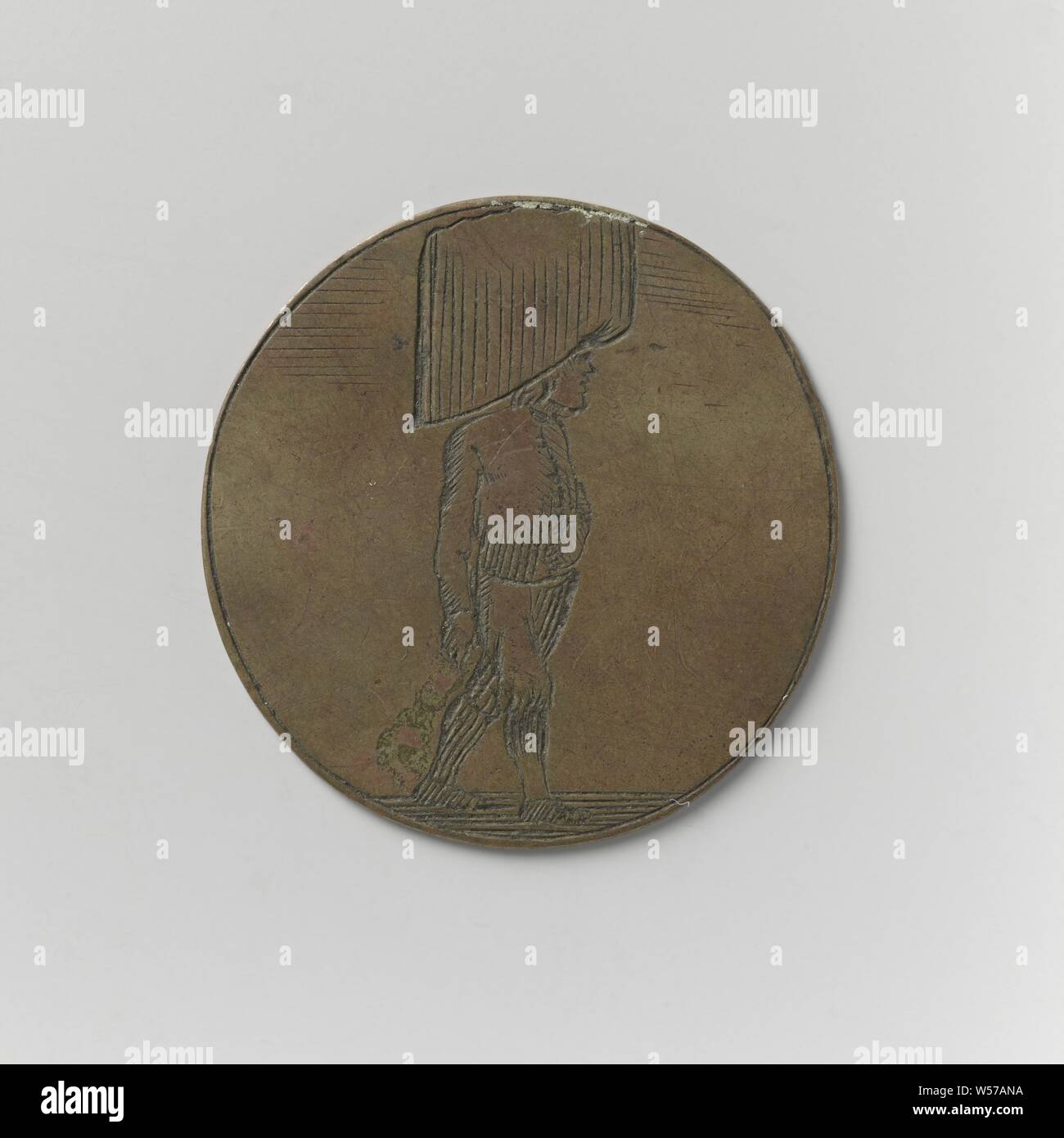 Korendragers-und-ausgießer Gilde von Amsterdam, Guild Token von Hendrik Klink, Kupfer-Medaille. Vorne: der Mann, der auf der rechten Seite mit einer großen Last auf den Kopf gedreht. Rückwärtsgang: Inschrift, Amsterdam, Hendrik Klink, anonym, 1789, kupfer (Metall), Gravieren, d 3,1 cm × w 3.94 Stockfoto