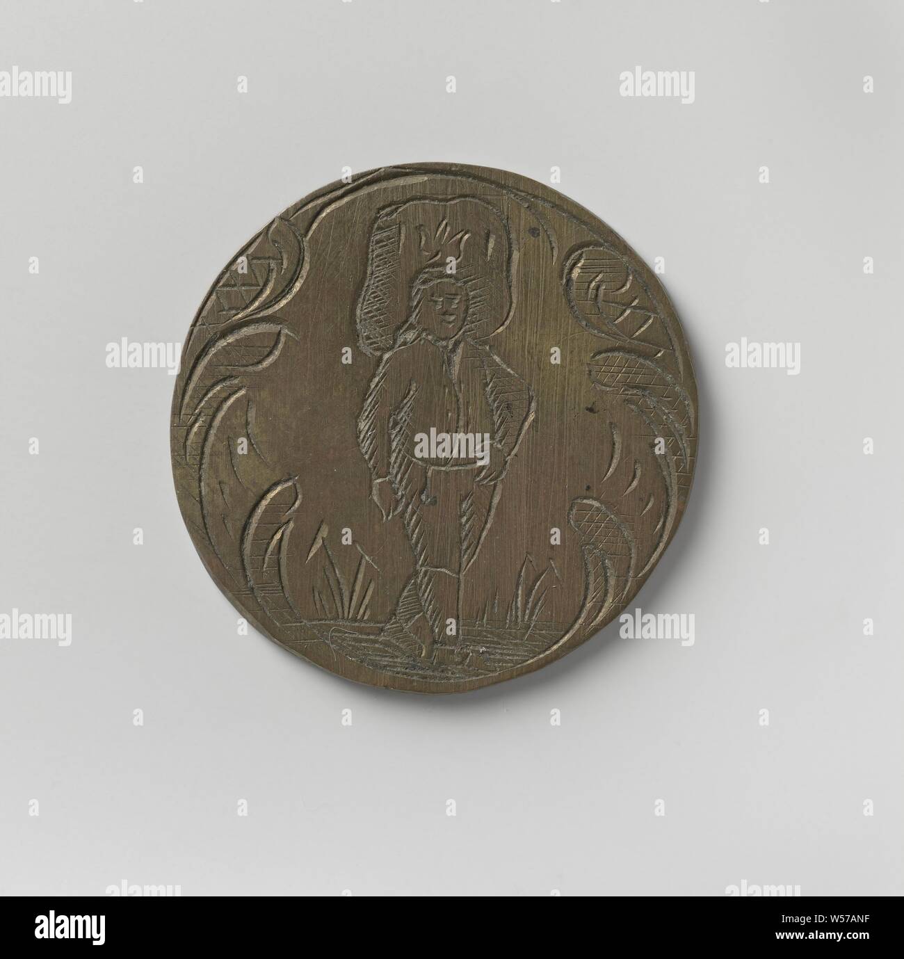 Korendragers-und-ausgießer Gilde von Amsterdam, Guild Medaille von Pieter Keyser, Messing Medaille. Vorderseite: Leicht nach rechts Gedreht mit Last auf dem Kopf innerhalb von dekorativen Kante. Rückwärtsgang: Inschrift, Amsterdam, Pieter Keyser, anonym, 1797, Messing (Legierung), Gravieren, d 3 cm × w 8.79 Stockfoto