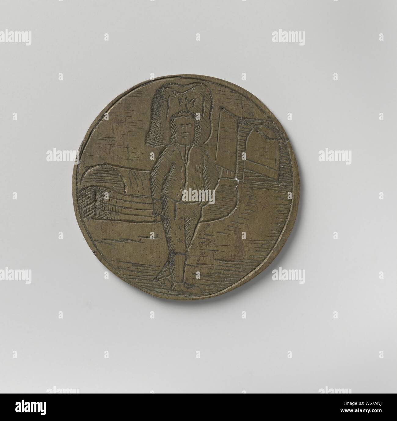 Korendragers-und-dumpingers Gilde von Amsterdam, Guild Token von Jacobus van der Pluim, Messing Medaille. Vorderseite: Leicht auf der rechten Seite mit Last auf den Kopf gedreht, im Hintergrund: hell Barge und Zugbrücke. Rückwärtsgang: Inschrift, Amsterdam, Jacobus van der Pluim, anonym, 1796, Messing (Legierung), Gravieren, d 2,9 cm × w 4.92 Stockfoto