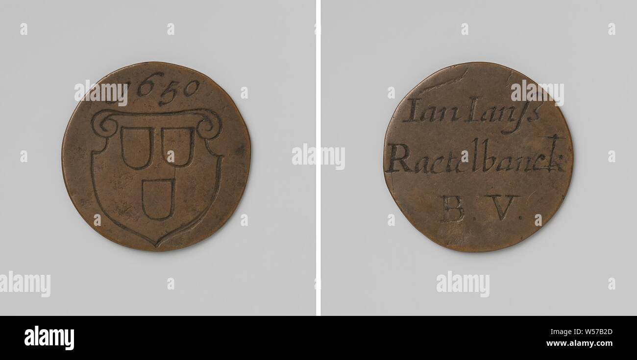 St. Lucas Gilde von Amsterdam, Guild Medaille von Jan Jansz Raetelbanck, Buchhändler, Kupfer-Medaille. Vorderseite: Lucas Hitzeschild unter Jahr. Rückwärtsgang: Inschrift, Amsterdam, Jan Jansz Raetelbanck, anonym, 1650, kupfer (Metall), Gravieren, d 2,7 cm × w 4.45 Stockfoto
