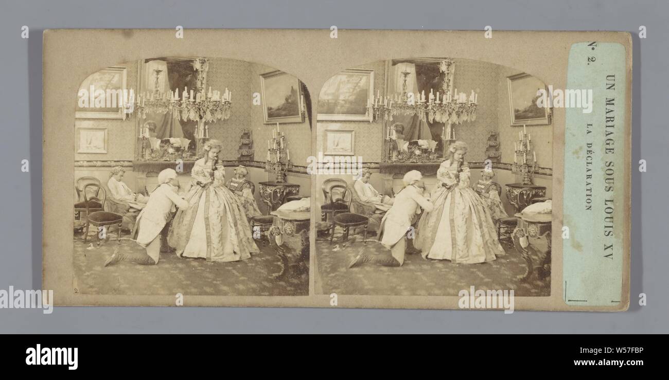 Theatralische Darstellung eines Heiratsantrag auf das Spiel un Mariage sous Louis XV von Alexandre Dumas Un mariage sous Louis XV der Erklärung (Titel auf Objekt), Vorschlag, Liebeserklärung, Europa, Charles Paul Furne (zugeschrieben), 1859, Pappe, Fotopapier, Eiklar drucken, h 85 mm × w 170 mm Stockfoto