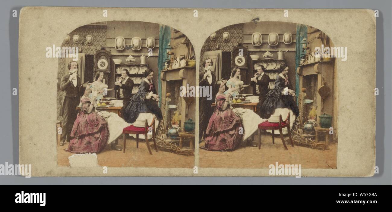Szene im Zimmer: zwei Paare von Kamin zwischen Töpfen und Pfannen, anonym, 1855-1865 Stockfoto
