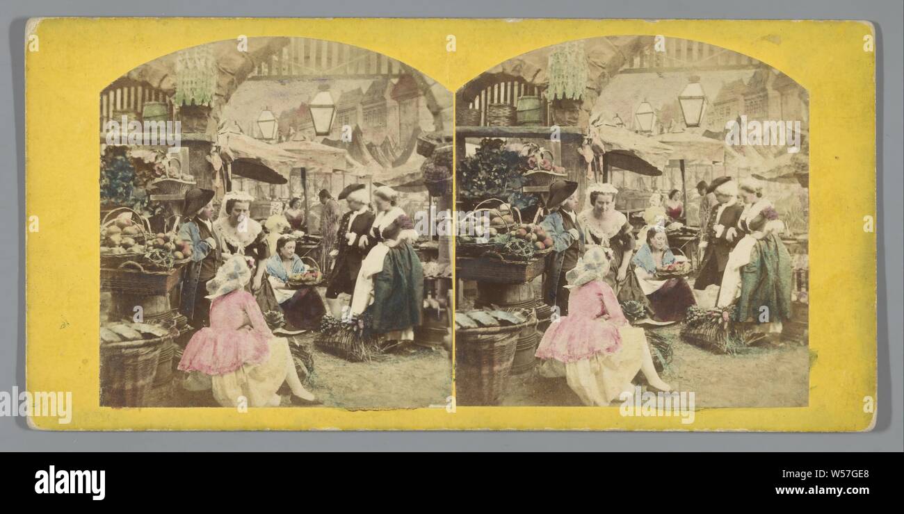 Szene auf dem Markt: Kaufleute und wenige Paare im historischen Kostüm, anonym, 1855-1865 Stockfoto