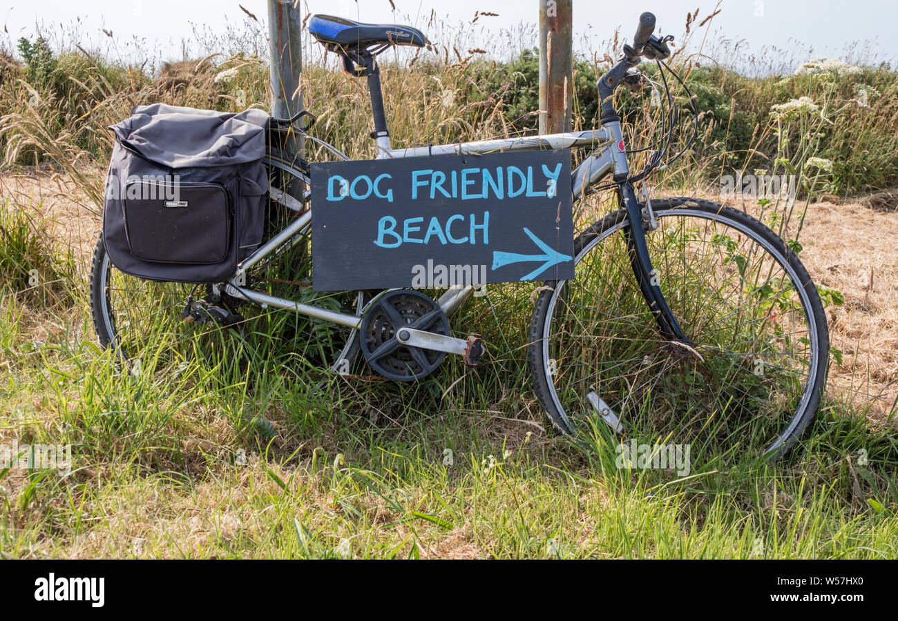 Pushbike mit einem Hund freundlich Strand unterzeichnen, Großbritannien, Großbritannien Stockfoto