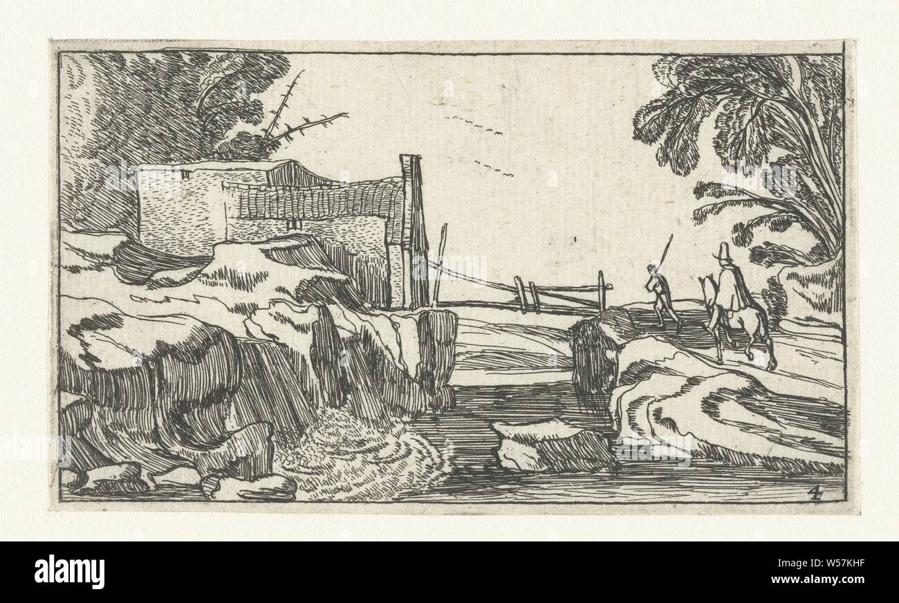 Weg entlang einem Wasserfall Landschaft Esaias van de Velde (Titel der Serie), Wasserfall, Esaias van de Velde, 1610-1617 und/oder 1617, Papier, Ätzen, H 58 mm x B 97 mm Stockfoto