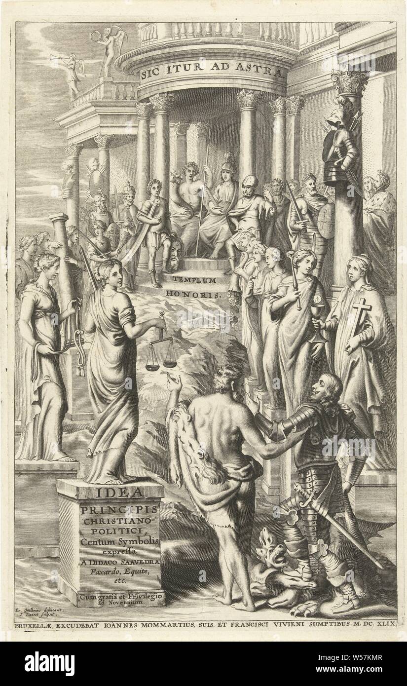 Hercules führt den Menschen entlang Personifikationen der Tugenden zu Tempel für ewigen Ruhm Titel Seite für: Idee principis Christiano - politica, Centum Symbolis expressa, Brüssel 1649 (Titel auf Objekt), Hercules führt ein Mann entlang Personifikationen von Tugenden zu Tempel für den ewigen Ruhm. Der Mann, ein Lineal, trägt eine Rüstung und Trampelt ein multi-headed Dragon mit seinen Füßen, einen Verein in seiner Hand. Tugenden stehen mit Attributen auf Sockeln auf einem Pfad, der bis zu einem Tempel, wo David mit dem Leiter der Goliath und anderen biblischen Helden warten und Minerva sitzt auf einem Thron führt. Inschrift auf dem Fries der Stockfoto