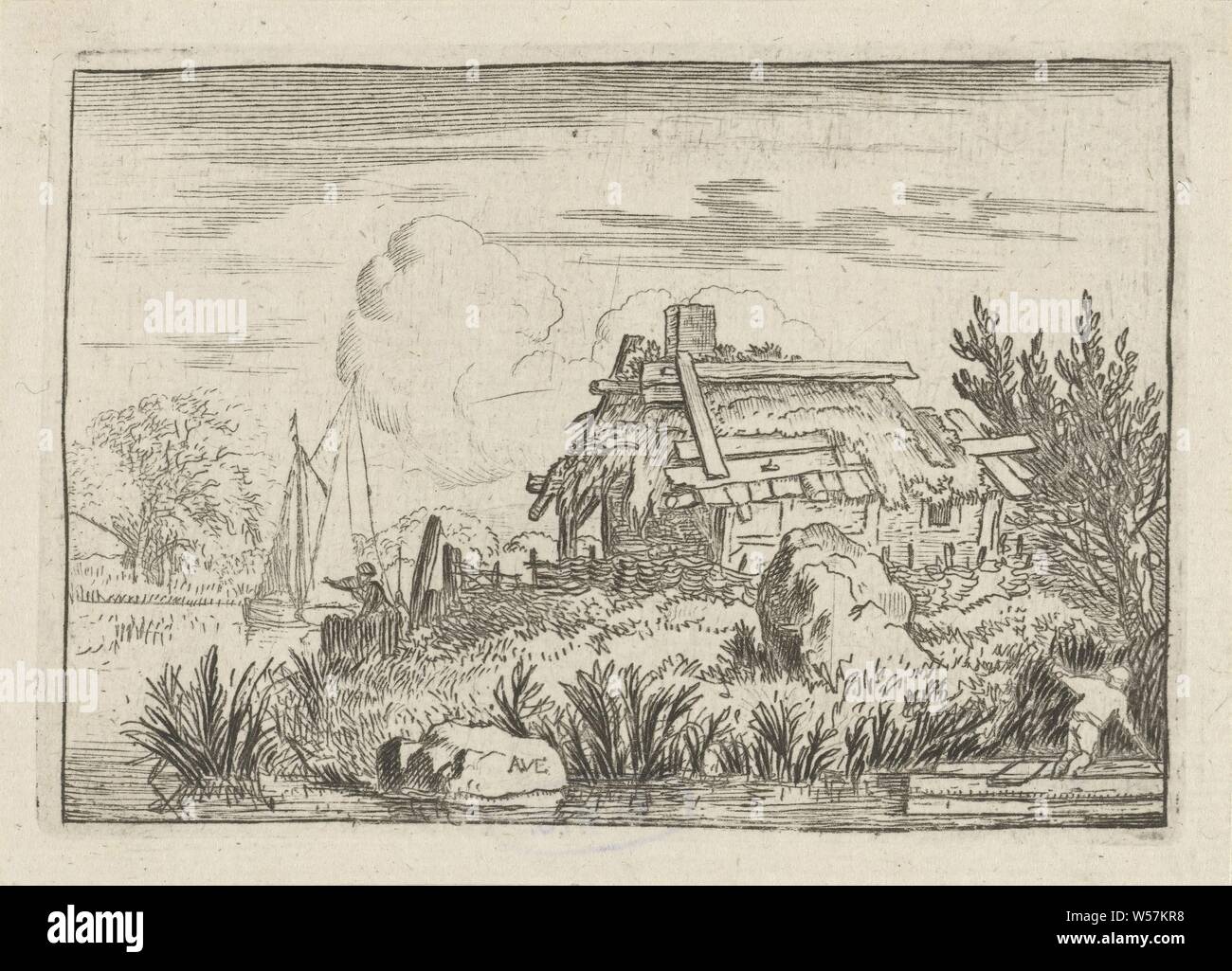 Zerstörten Haus auf dem Wasser die verfallene Hütte, einem verfallenen Haus auf dem Wasser. Im Vordergrund ein Mann in einem Boot und im Hintergrund ein Segelschiff., Fluss (Landschaft mit Figuren, staffage), Allaert van Everdingen (auf Objekt erwähnt), Niederlande, 1631 - 1675, Papier, Ätzen, h 74 mm × w 105 mm Stockfoto