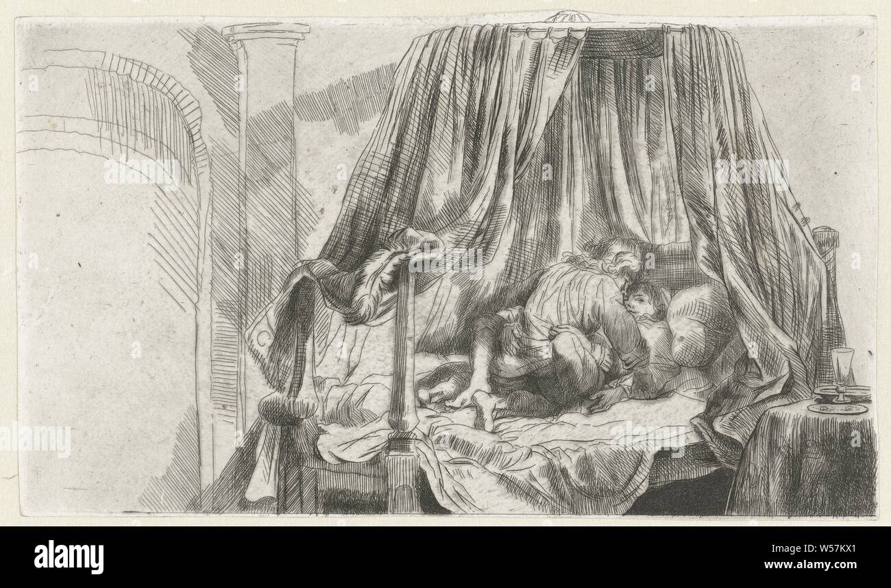 Die Französische Bett (die "Krippe"), ein französisches Bett ist ein Bett mit Vorhängen., Mann und Frau zusammenlebt, Dominique Vivant Denon (Baron) (möglicherweise), 1757-1825, Papier, Ätzen, H 128 mm x B 220 mm Stockfoto