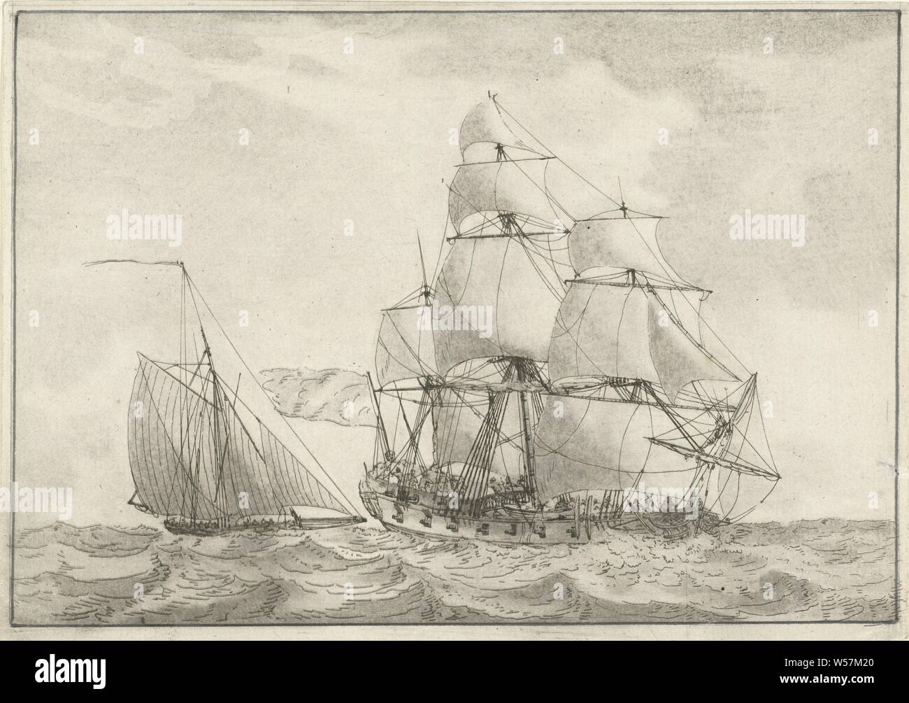 Cutter und einem Krieg Fregatte, ein 3-Mast mit einer Flagge und einem kleinen Segelschiff auf den Wellen, Schiffe (im Allgemeinen), Gerrit Groenewegen, Rotterdam, 1764 - 1826, Papier, Ätzen, H 164 mm x B 229 mm Stockfoto