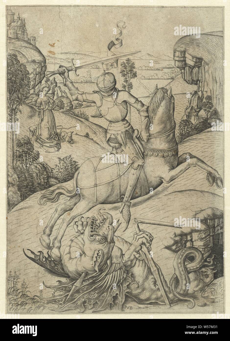 St. Georg und der Drache, George auf Pferd mit einem Schwert. Ihn unter Drachen mit einem gebrochenen Lanze. Landschaft im Hintergrund mit Frau und Lamm., St. George und der Drache: in Rüstung gekleidet und auf einem (weiß) Pferd schwingt er sein Schwert (seine Lanze liegt bereits auf dem Boden gebrochen), die Prinzessin in der Nähe angezeigt, der betet oder Flucht, Meester FVB (auf Objekt erwähnt), Nederlanden, 1475-1500, Papier, Gravur, h 177 mm × 126 mm. Stockfoto
