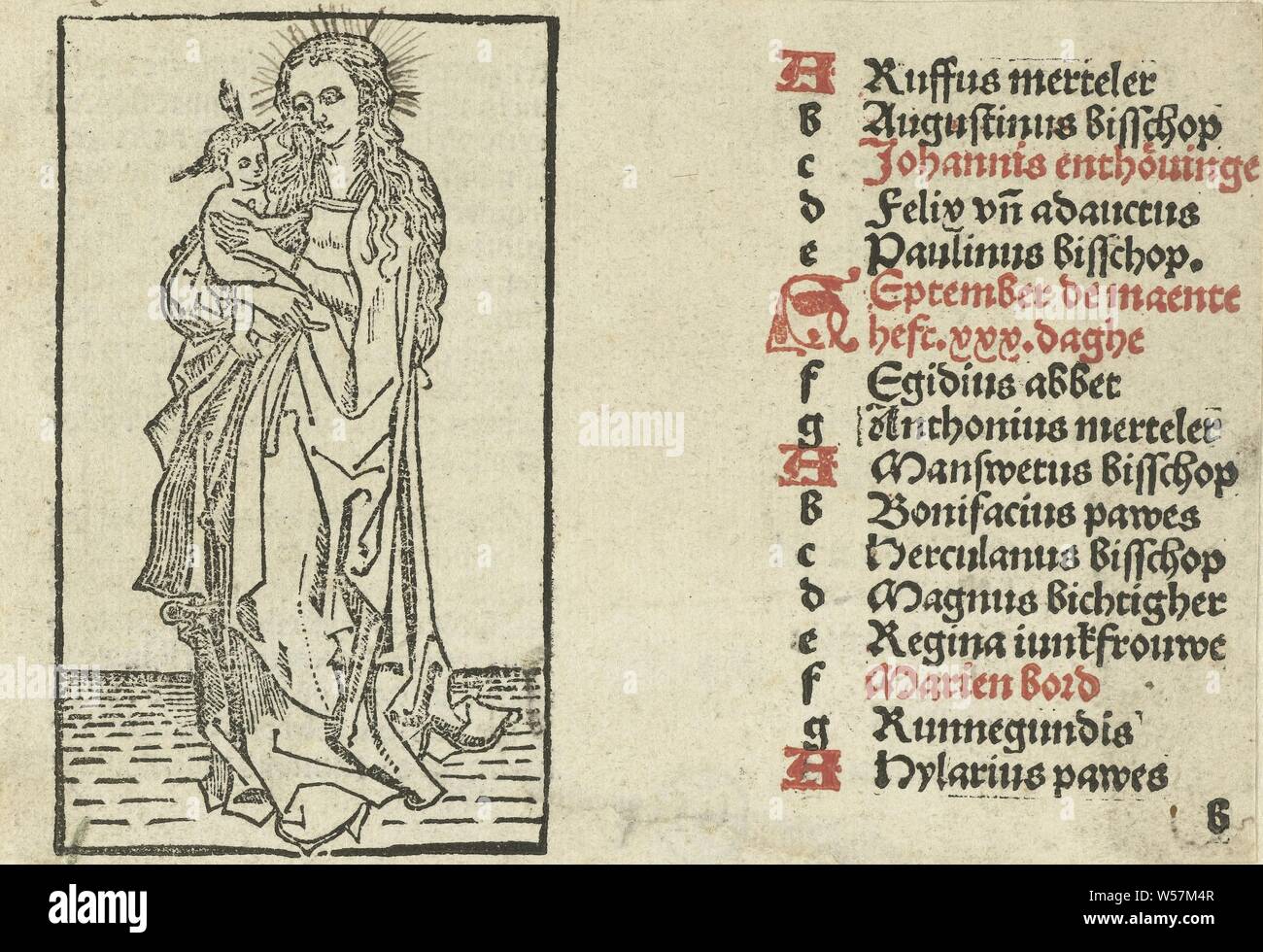 Madonna mit Kind, Blatt aus einem Buch. Maria's Füße voll ist, wird das Kind auf dem rechten Arm. Handgezeichneten Halo. Direkt neben der Bilder einen Text in Rot und Schwarz: Rufus merteler... Hylarius parves., Maria stehen (oder halbe Länge), der Christus - Kind auf dem Arm (Christus - Kind zu Mary's Links), anonym, Nederlanden, 1490-1510, Papier, H 86 mm x B 51 mm Stockfoto