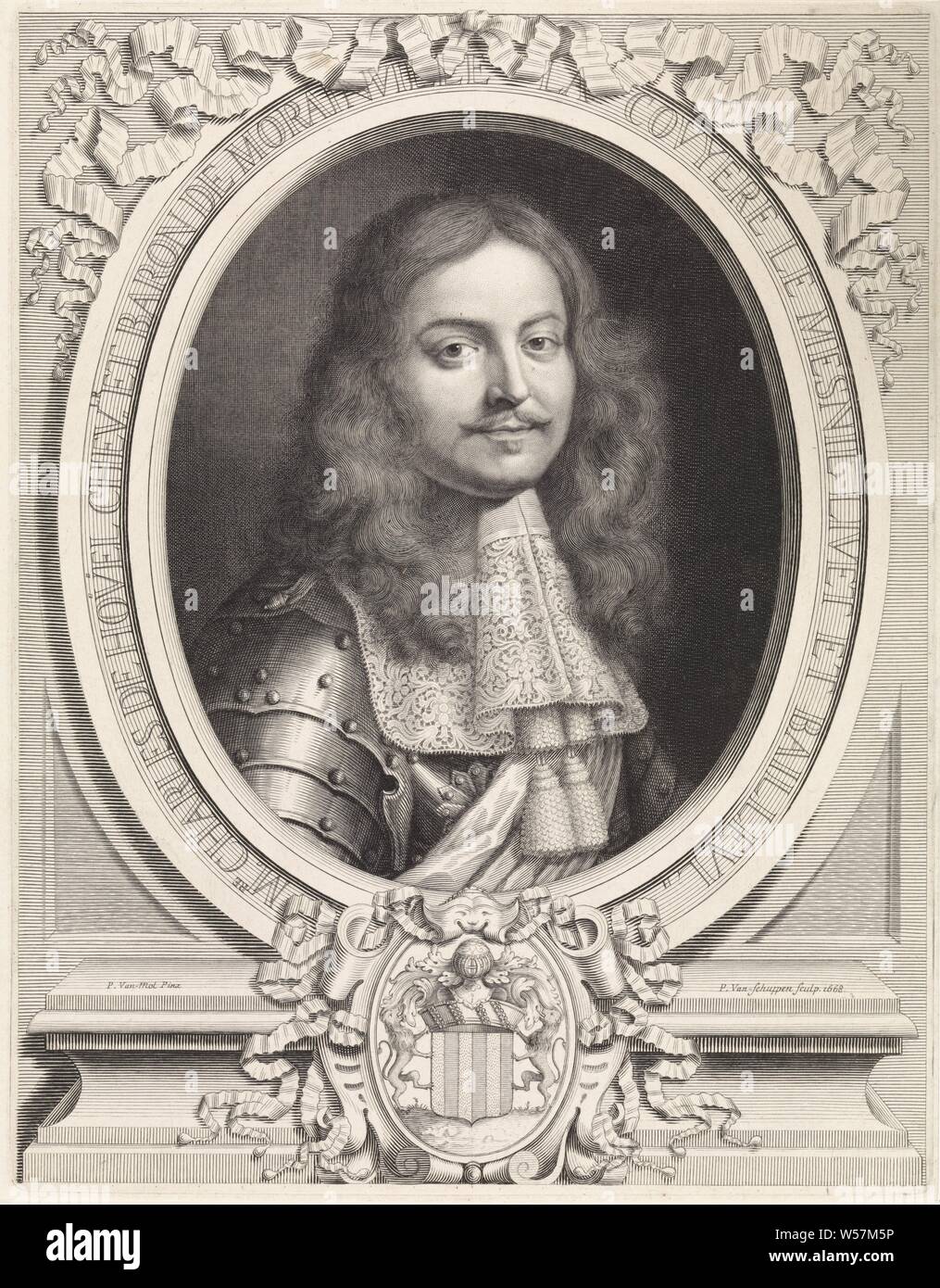 Porträt von Charles de Hoüel, Portrait von Baron Charles de Hoüel de Denonville in Rüstung mit Spitzenkragen und Quasten. Auf dem Sockel sind sein Wappen, Charles de Hoüel de Denonville, Pieter van Schuppen (auf Objekt erwähnt), Paris, Feb-1668, Papier, Gravur, H 345 mm x B 268 mm Stockfoto