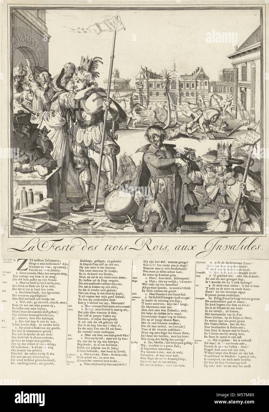 Cartoon auf dem Flug von James II. nach Frankreich, 1689 La Feste des Trois Rois, aux Invalides (Titel auf Objekt) Karikaturen auf James II. und Ludwig XIV. und die Ereignisse, die in der 1688 s 1689 (Titel der Serie), Cartoon auf dem Flug von James II. nach Frankreich, und seine Ankunft dort am Dreikönigstag (6. Januar) 1689. König Ludwig XIV. umarmt Maria von Modena, wer mit dem Kind in Haft gekommen ist. Vorne rechts König James II. in Kleidung mit jakobsmuscheln eingerichtet. In der Mitte ist der Jesuitenpater Peters (Edward Petre) mit einem päpstlichen Krone unter seinem Umhang. Im Hintergrund ist der Dauphin fällt von einem Pferdeschlitten. Unten Stockfoto