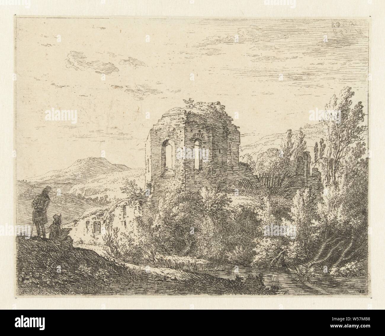 Landschaft mit den Ruinen eines Tempels und zwei Zeichner, niedrige Gebirge, Landschaft mit Ruinen, Karel du Jardin (auf Objekt erwähnt), Den Haag, 1658, Papier, Ätzen, H 122 mm x B 156 mm Stockfoto