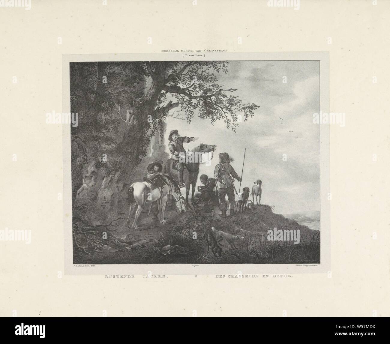 Ruhe Jäger (Titel auf Objekt) Das königliche Museum in Den Haag (Titel der Serie auf Objekt), die Jäger stehen auf einem Hügel im Wald und den Blick auf eine niedrigere Landschaft. Der Jäger, der auf dem Pferd zeigt auf etwas in der Ferne. Ein schwarzer Junge wird von einem Hund kniend, Jäger ruht während der Jagd-CC-weiblichen Jäger, Jägerin, Jagdhunde, Sklaverei, Leibeigene und Sklaven, Isaac Cornelis Elink Sterk (auf Objekt erwähnt), 1818-1871, Papier, H 535 mm x B 375 mm Stockfoto