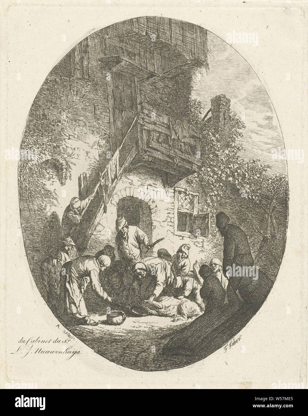 Schlachtung Szene, vor einem Haus, eine Gruppe von Menschen das Schlachten eines Schweins, Metzger, slaughterman (draußen, im Freien), Frédéric Théodore Faber (auf Objekt erwähnt), 1806, Papier, Ätzen, H 195 mm x B 153 mm Stockfoto