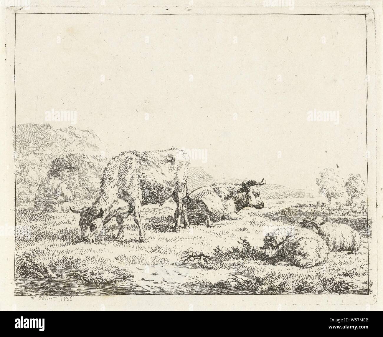 Sitzung Hirten, in einer Wiese mit zwei Kühen und zwei Schafe, ein Mann mit einem Hut sitzt auf, Vieh, Frédéric Théodore Faber (auf Objekt erwähnt), Brüssel, 1806, Papier, Ätzen, H 122 mm x B 152 mm Stockfoto