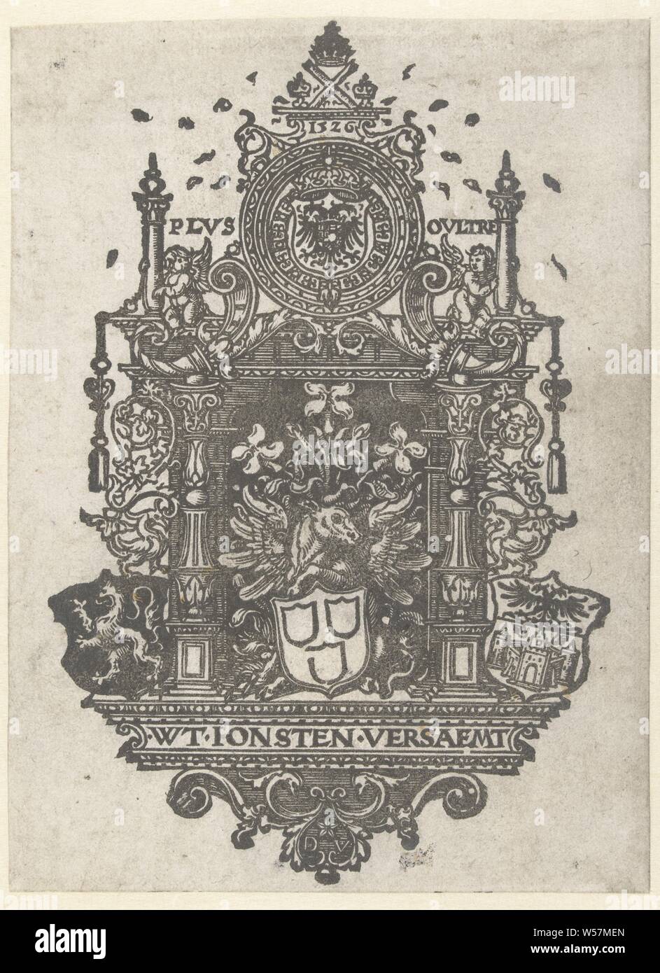 Blazoen des St Lucas Gilde in Antwerpen, Blazoen mit Waffen der Stadt Antwerpen und geflügelte ox in der Mitte., Wappen oder Gilde St. Lukas, Dirck Vellert (auf Objekt erwähnt), Niederlande, 1526, Papier, H 190 mm x B 139 mm Stockfoto
